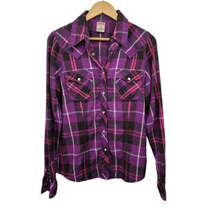 True Religion ROCKY Purple & Pink Plaid Flannel Pearl Snap Button Western Shirt